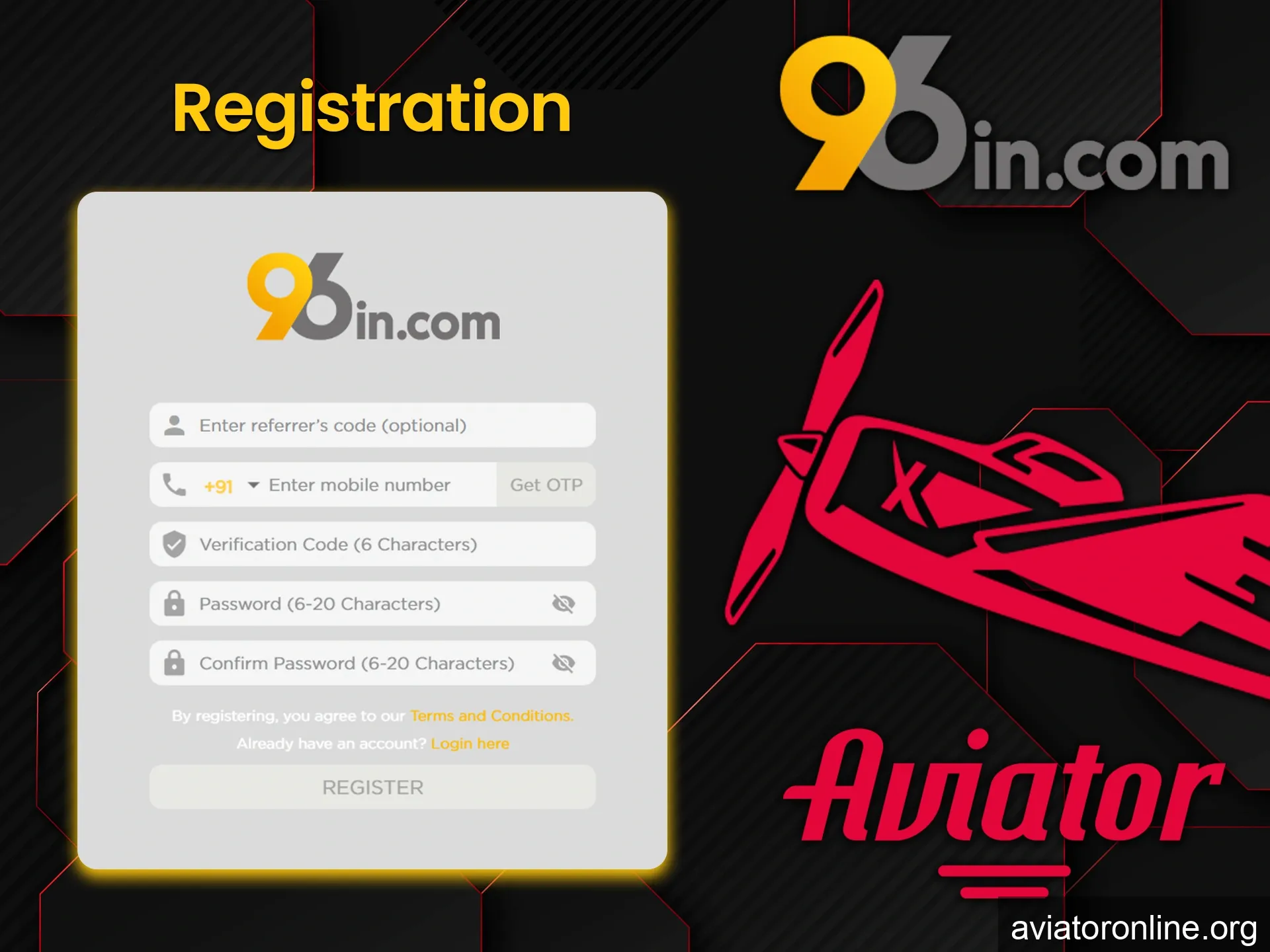 To start playing Aviator Crash on 96in go through the account registration procedure.