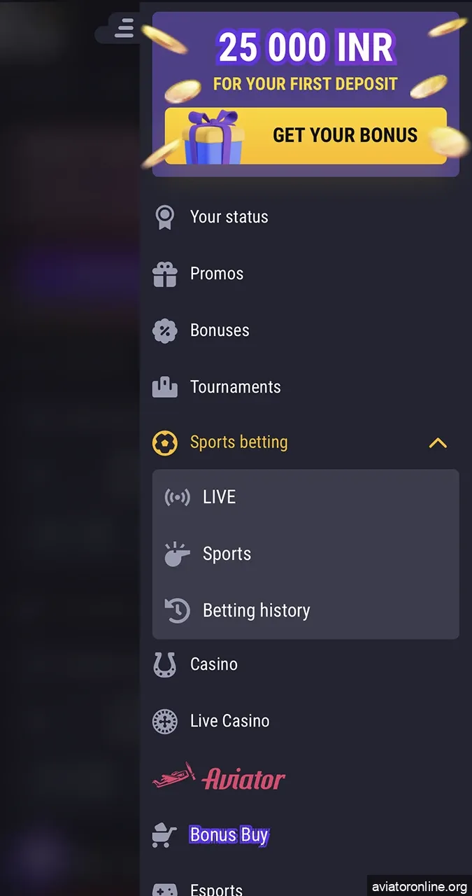 Drop-down menu in the Betandreas app.