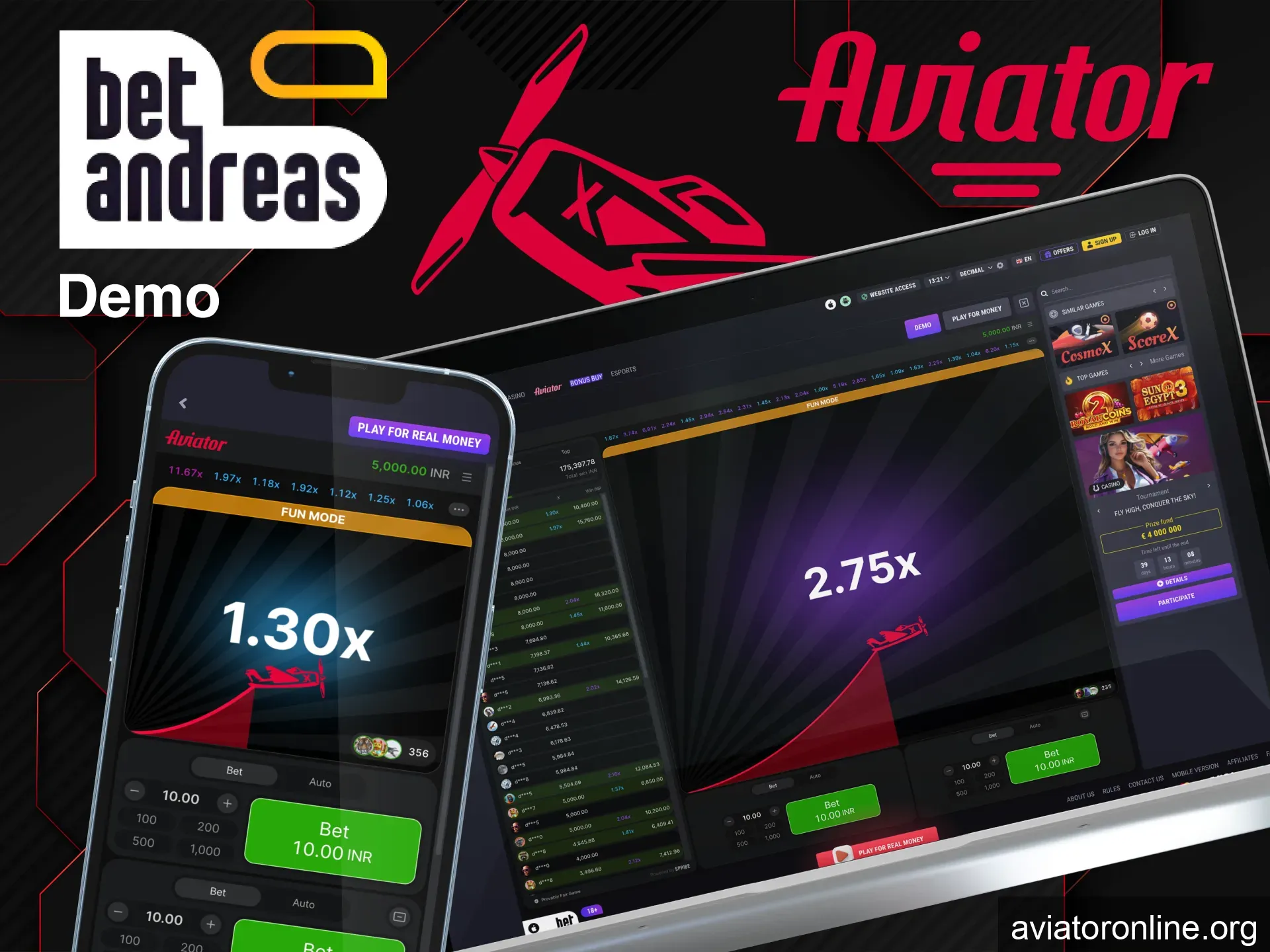 BetAndreas offers risk-free Aviator demo mode.