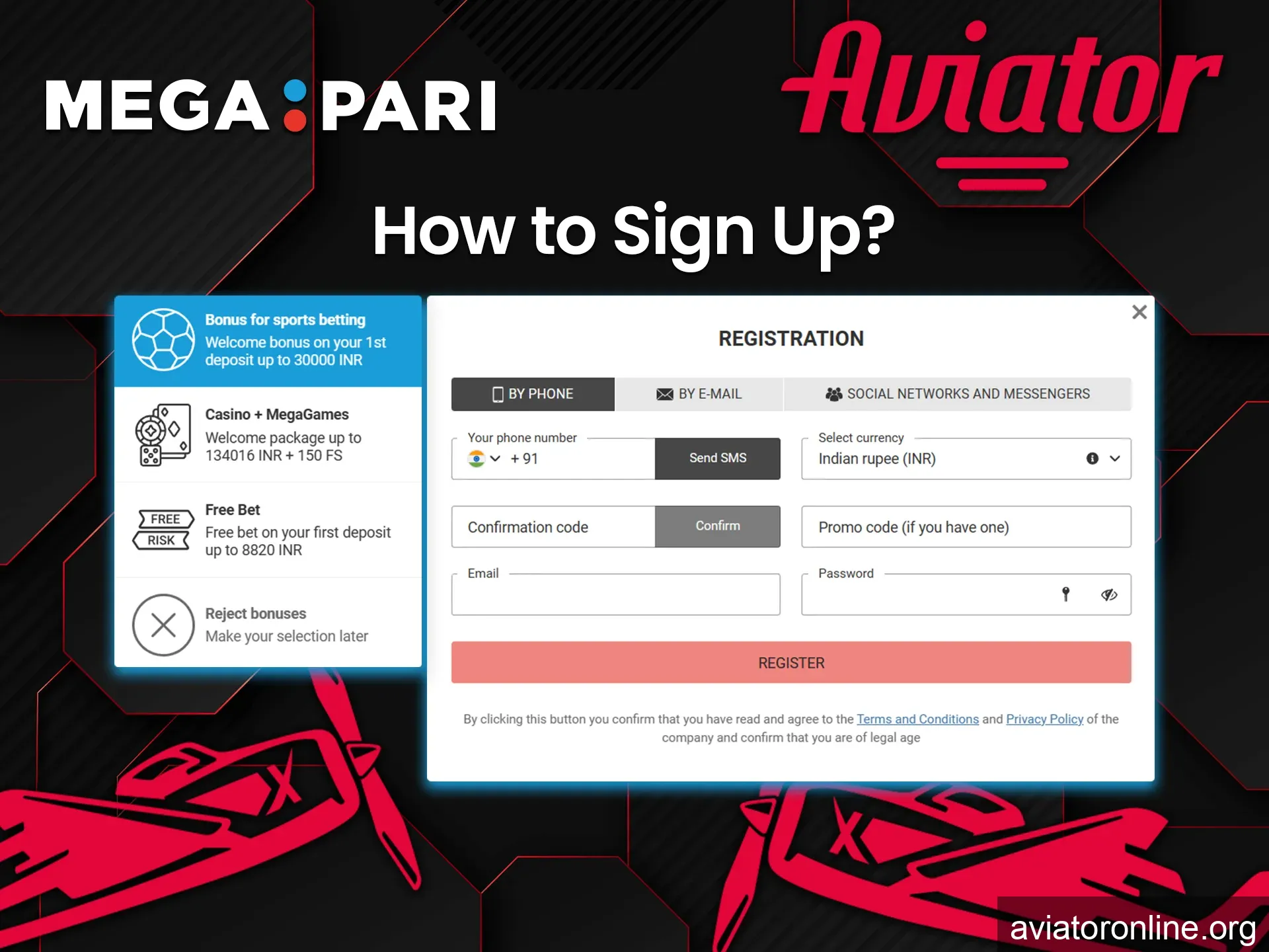 You can make your first bet at Aviator only after registering on Megapari.