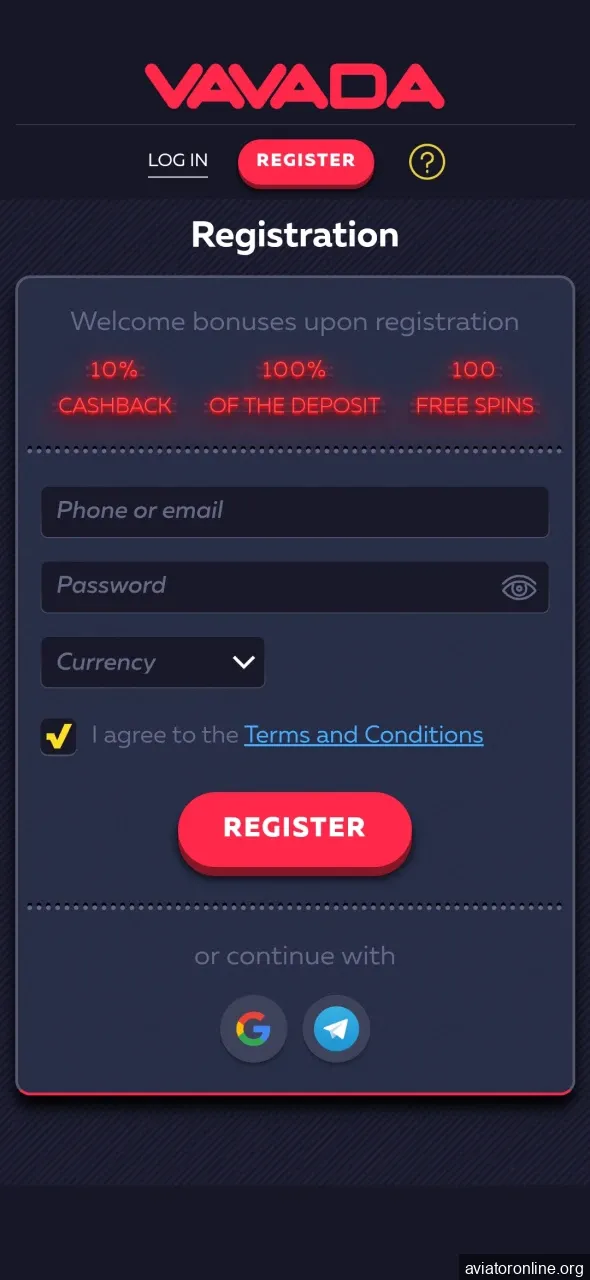 Visit the registration page for the Vavada application.